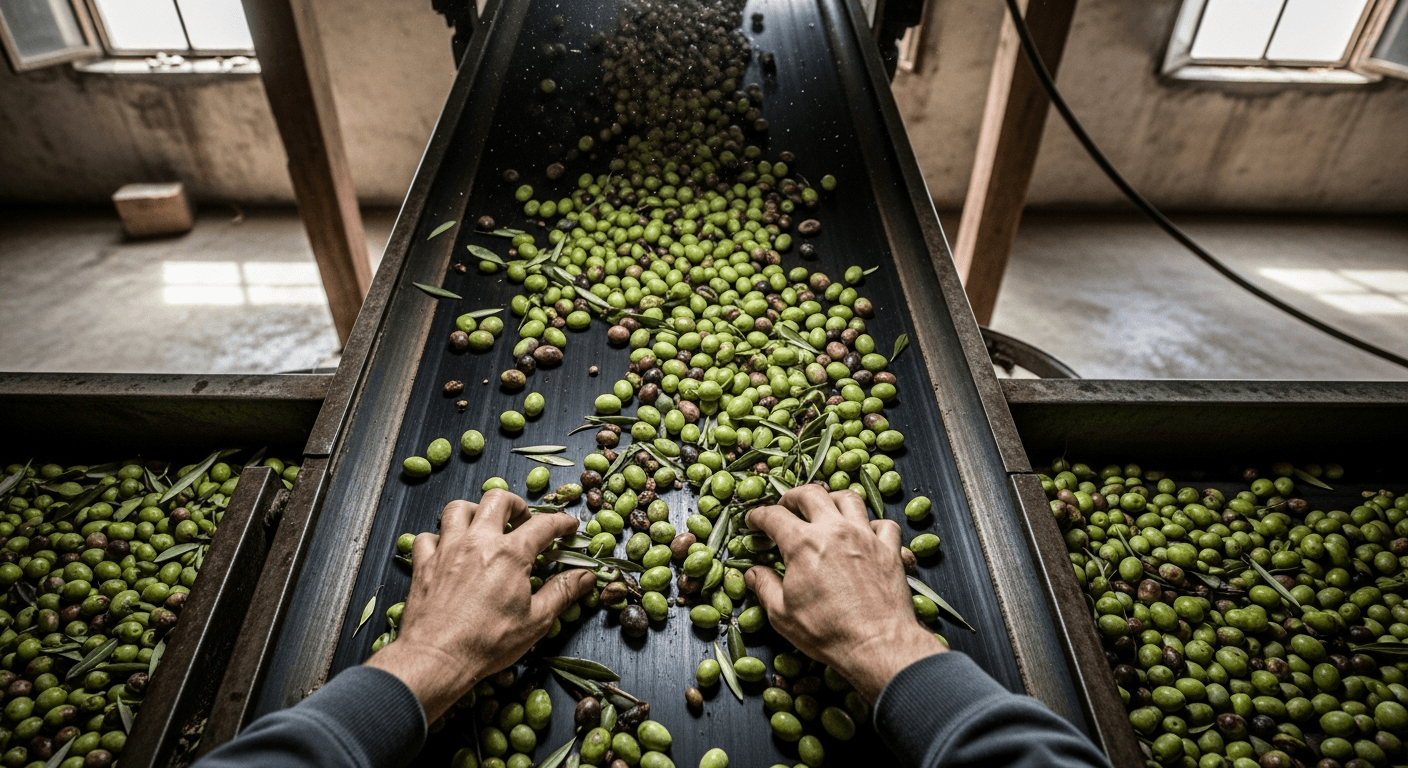 Grower sorting freshly harvested olives into crates at the grove